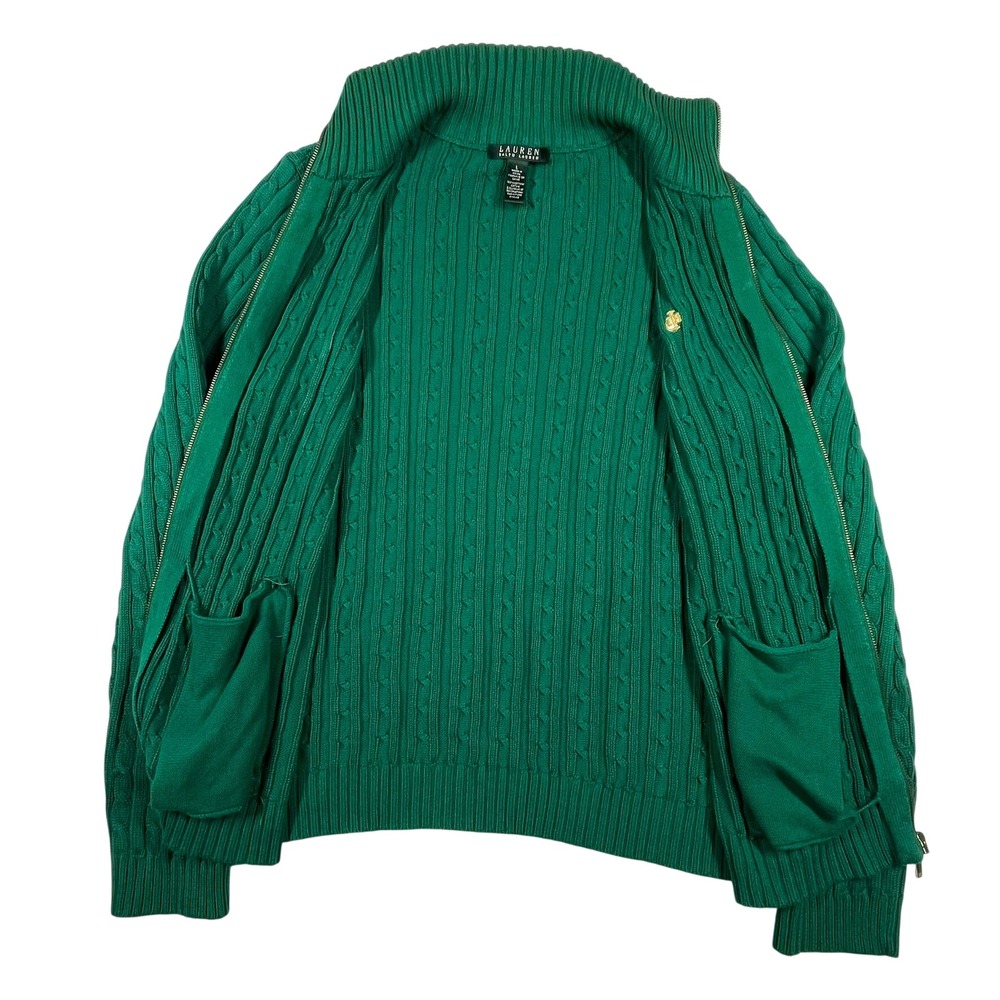 Lauren Ralph Lauren Full Zip Cable Knit Cardigan Womens L Green Mock Neck Preppy - Picture 5 of 12